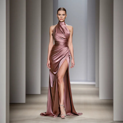 Satin Sleeveless Backless Halter Side Slit Sexy Elegant Maxi Dress