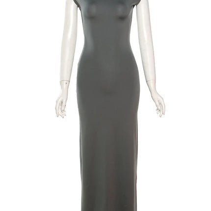 Elegant Short Sleeve Bodycon Maxi Dress O-neck Backless Lady Dresses