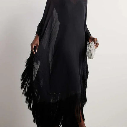 Yeezzi 2025 New Spring Fashion See-Through Tassel Party Dresses Women Batwing Sleeves Solid Color High-Neck Two Piece Set Dress