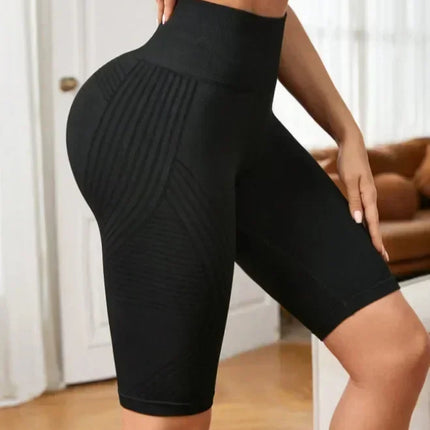 Women‘s Seamless Yoga Shorts High Waisted Striped Slim Shorts Sexy Butt Lifting Gym Trainning High Elastic Five Point Pants