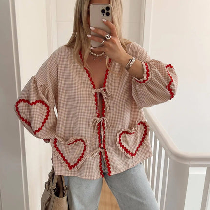 Heart Pockets Ladies V Neck Bow Buttons Blouses