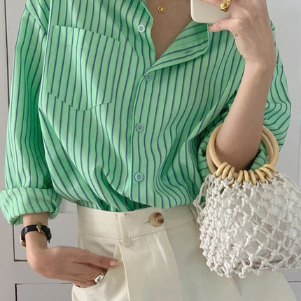 Spring Autumn Striped Blouses Long Sleeve Single-breasted Pocket Women Shirts Tops