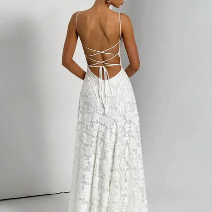 Mozision Spaghetti Strap Backless Sexy Maxi Dress Women Gown Fashion Off-shoulder Sleeveless Lace-up Evening Club Party Dress