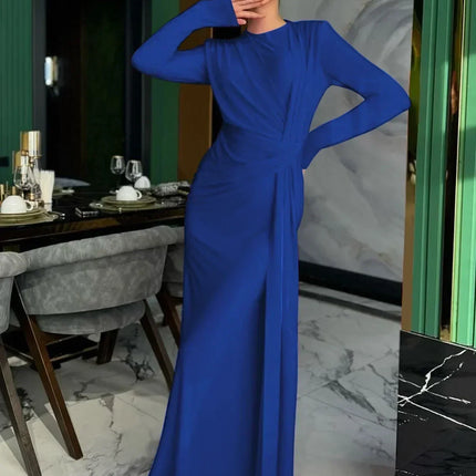 Dulzura Long Sleeves Shoulder Pad Ruched Maxi Dress Solid Elegant Prom Evening Party Long Dress Women’S Autumn Winter Outfit