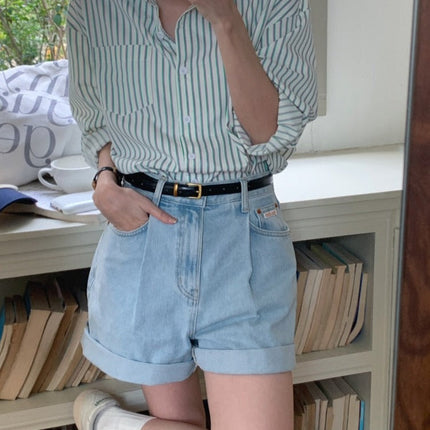 Spring Autumn Striped Blouses Long Sleeve Single-breasted Pocket Women Shirts Tops