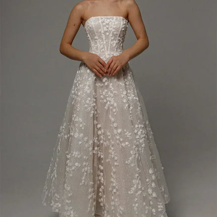Kyoto Customized Lace Flowers Detachable Long Sleeves Wedding Dress Ankle-Length Glitter vestidos de novia A-Line Formal Gown