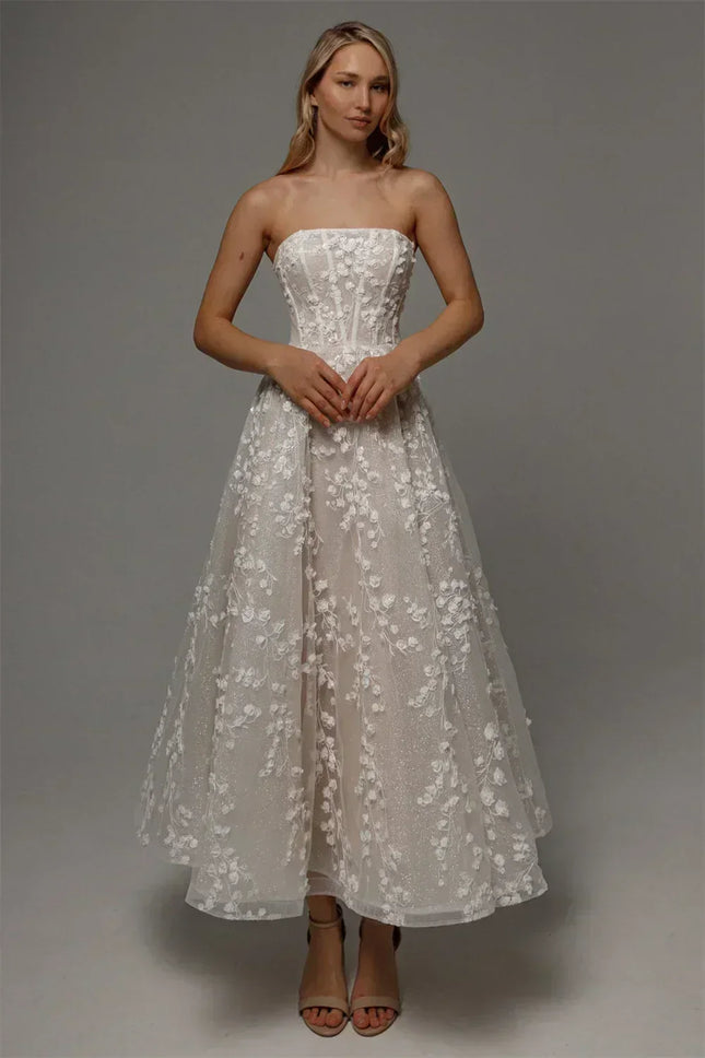 Kyoto Customized Lace Flowers Detachable Long Sleeves Wedding Dress Ankle-Length Glitter vestidos de novia A-Line Formal Gown