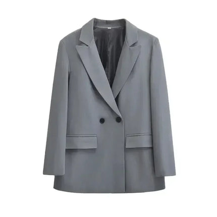 TRZA-Women's Double Breasted Office Wear Blazer Coat, Long Sleeve, Flap Pockets, Female Outerwear, Chic Tops, Fashion
