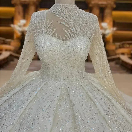 Custom High Neck Ball Gown Wedding Dress | Beaded Arabic Gown - Femstylo