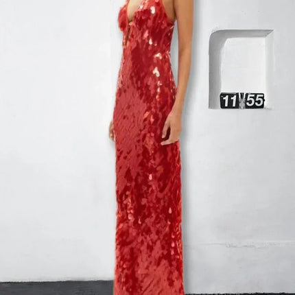 Sexy Women Maxi Dresses Elegant Sequins Sleeveless Female Long Dress Fashion  Solid Deep V Neck Ladies Party Robe Dress