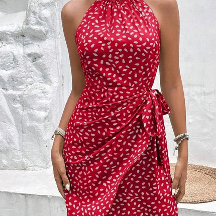 Women's Summer Fashion Hanging Neck Zipper Sleeveless Floral Pleated Short Dress Sexy Off Shoulder Lace-Up Mini Dress Vestidos