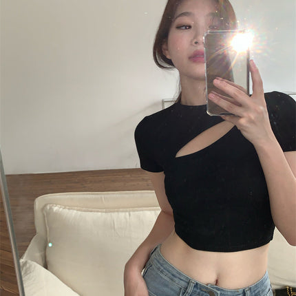 T Shirt Women Summer Hollow Crewneck Cropped Tops Irregular Tight Fitting Short Sleeve