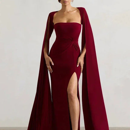 Mozision Long Cape Sleeve Split Maxi Dress For Women Gown Fashion Solid Square Collar Evening Sexy Long Dress Elegant New