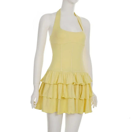 Tornova Vacation Halter Mini Dress For Women Solid High Waist Puffy Dress Ruffled Splice Fashion Sexy Slim Dress 2025 Summer New