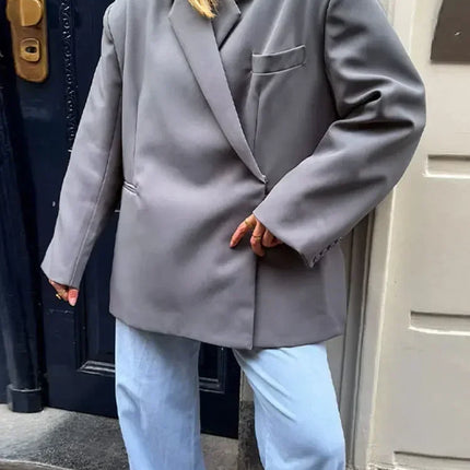 Women's V-Neck Side-Buttoned Suit Jacket Long Sleeve Solid Color Coats Pocket Cuffs Oversize Tops High Street Female Clothes