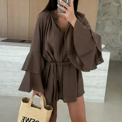 Elegant Fold Dress Women Brown Deep V-neck Long Sleeve Mini Dresses Female 2025 Spring Summer Fashion Loose Lady Vestidos