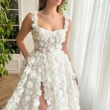 Kyoto Beige Wedding Dress | 3D Flower Lace-Up Back Gown -femstylo