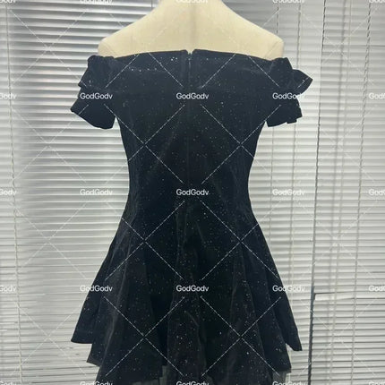 Black French Vintage Elegant Design Woman Dress Gothic Off Shoulder Retro Mini Dress Female Fairy Birthday Party Chic Outfits