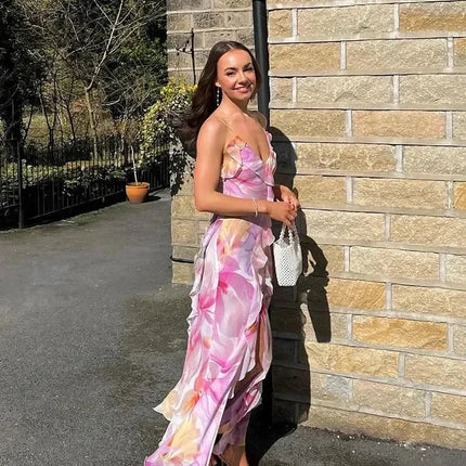 Weird Puss Flower Print Dress Woman Summer Strapless Splits Irregular Tassel Patchwork Backless Bandage Party Skinny Vestidos