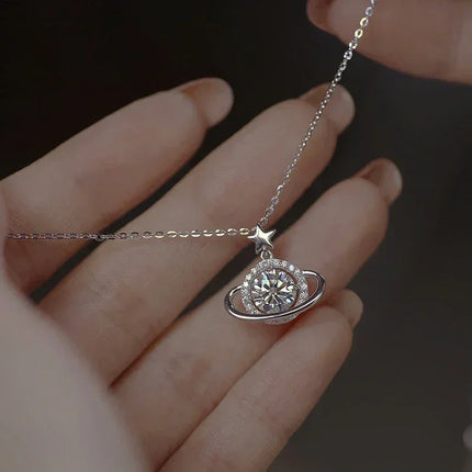925 Sterling Silver Planet Shape Necklace Simple Charm Shiny Geometric Shape Pendant Birthday Gift for Women Exquisite Jewelry