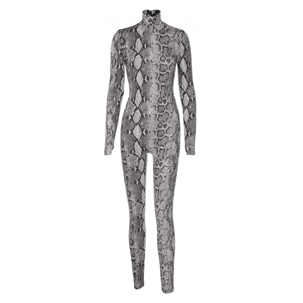 Snake Print Turtleneck Long Sleeve Zip Up Sexy Bodycon Jumpsuit Streetwear
