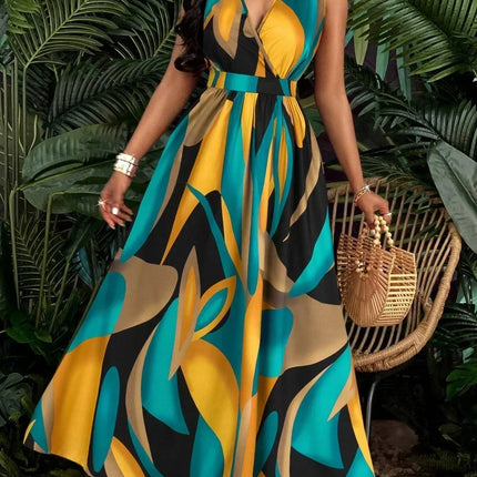 Women's sleeveless V-neck floor-length dress with abstract prints - fashionable for beach and casual occasions