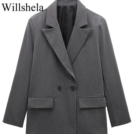 Willshela Women Fashion With Pockets Solid Double Breasted Blazer Vintage Long Sleeves Notched Neck Female Office Lady Outfits