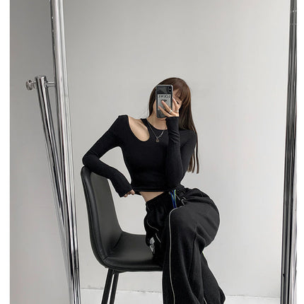 Hollow T-shirt Women Fashion Slim Y2K Cropped Tops Off Shoulder Long Sleeve Tees Woman