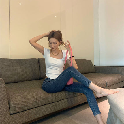 Pure Color Slim Short Sleeve Tees Women 2022 Summer Y2k Crop Fashion Sexy Blouse