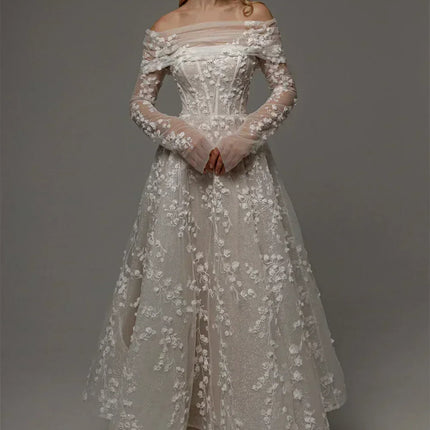 Kyoto Customized Lace Flowers Detachable Long Sleeves Wedding Dress Ankle-Length Glitter vestidos de novia A-Line Formal Gown
