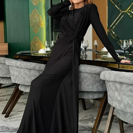 Dulzura Long Sleeves Shoulder Pad Ruched Maxi Dress Solid Elegant Prom Evening Party Long Dress Women’S Autumn Winter Outfit