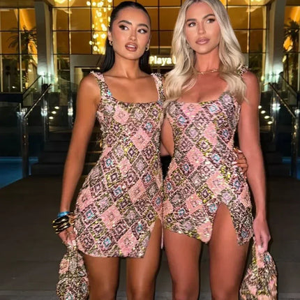 Colorful Rhombus Sequins Sexy Mini Dress Elegant Chic Straps Slit Bodycon Party Dresses Summer Holidays Evening Women Dress 2025