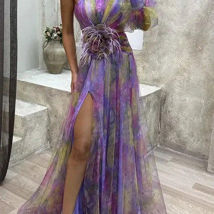 Elegant Oblique Shoulder Single-sleeve  Zipper High Slit Mesh Long Dress For Women Fashion Flower Decoration Party Dress Female
