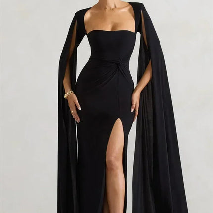 Mozision Long Cape Sleeve Split Maxi Dress For Women Gown Fashion Solid Square Collar Evening Sexy Long Dress Elegant New