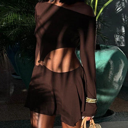 Whatiwear Hollow Waistless Dress Women Skew Collar Off Shoulder Full Sleeve Rings Patchwork Ruched Elegant Fashion Mini Bodycon