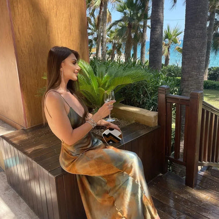 2025 Summer New Women's Open Back Sleeveless Dress Fashion Satin Mid Length Dress Printed Sexy V Neck Sling Dress