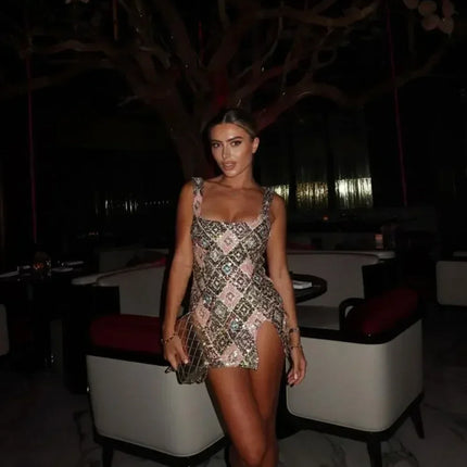 Colorful Rhombus Sequins Sexy Mini Dress Elegant Chic Straps Slit Bodycon Party Dresses Summer Holidays Evening Women Dress 2025