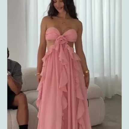 Chic Women Spring Hollow Out 3d Flower Ruffled Hem Long Dress Elegant Off Shoulder Backless Robe 2025 New Lady Street Party Gown