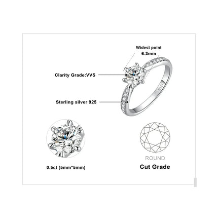 JewelryPalace Moissanite D Color 0.5ct 1ct 1.5ct 2ct 3ct Round S925 Sterling Silver Wedding Engagement Ring for Women