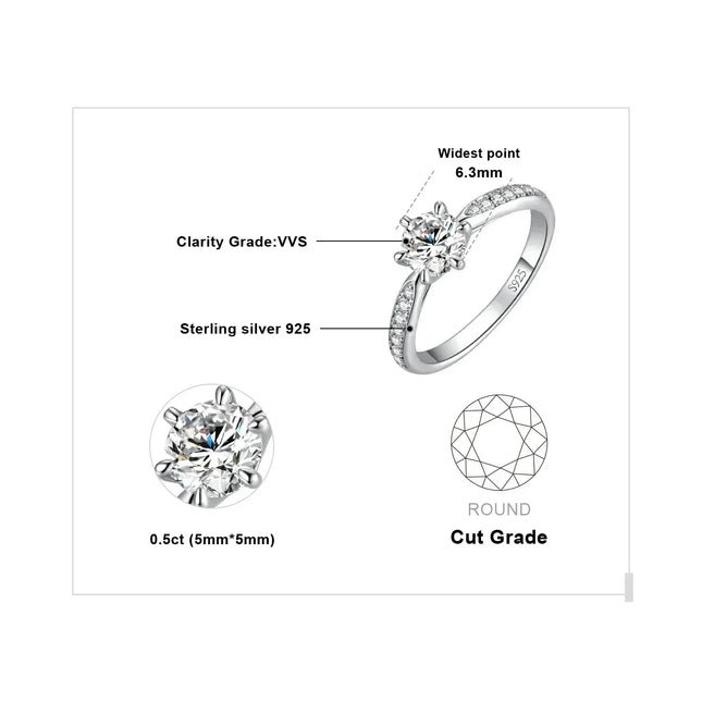 JewelryPalace Moissanite D Color 0.5ct 1ct 1.5ct 2ct 3ct Round S925 Sterling Silver Wedding Engagement Ring for Women