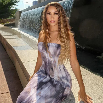 Spring And Summer Dresses For Women Chest Wrap Printed Off Shoulder Bandage Slim Sexy Long Dress 2023 New Fashion party MsChuh