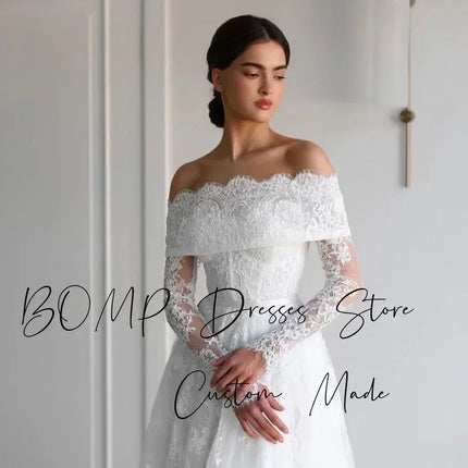 BOMP Elegant Lace Wedding Dress Sweetheart Off Shoulder Full Sleeves Sweep Train Ivory Bridal Gown Customized Robe De Mariée