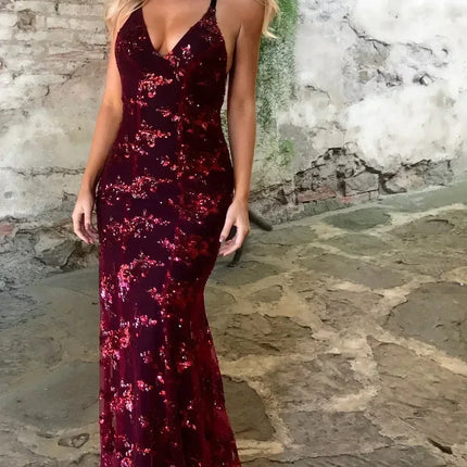 Women Dresses Sleeveless V Neck Pullover Sequins Party Dress Vestidos Formal Floor Length Sexy Wrap Breast Backless Slim