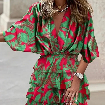 Women Fall V-Neck Loose Batwing Hafl Sleeve Print Dress Fashion Elegant Lace-up Ruffle Beach Mini Dresses Casual Streetwear 2024