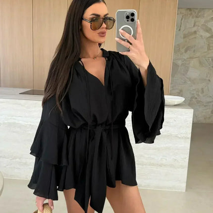 Elegant Fold Dress Women Brown Deep V-neck Long Sleeve Mini Dresses Female 2025 Spring Summer Fashion Loose Lady Vestidos