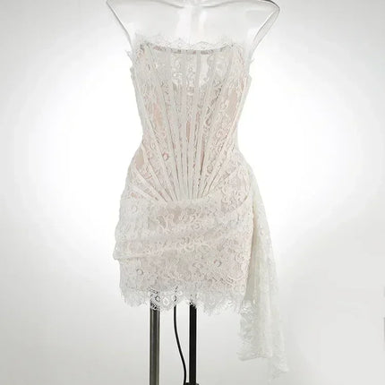 TARUXY Sexy Lace See-through Patchwork Corset Dress Female Bodycon Elegant Party MIrrgualr Mini Dress Women Tube Top Dress New