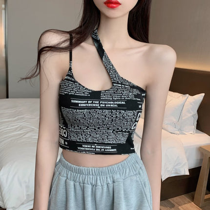 Newspaper Print Camisole Women Slanted Shoulder Hollow Sleeveless Tops Beautiful Back Woman