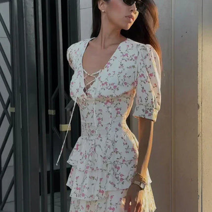 Clacive Summer Slim Print Women's Dress 2024 Sexy V-Neck Short Sleeve Mini Dresses Elegant High Waist Pleated Female Dress