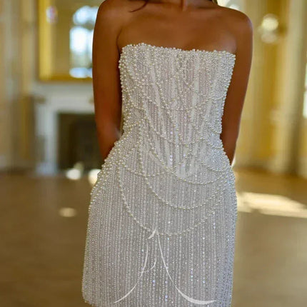 Custom Pearl Beaded Wedding Dress - Strapless Mini Gown | Femstylo