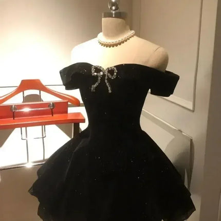 Black French Vintage Elegant Design Woman Dress Gothic Off Shoulder Retro Mini Dress Female Fairy Birthday Party Chic Outfits